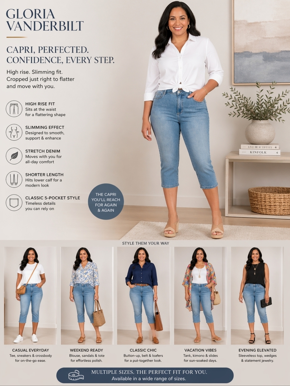 Gloria Vanderbilt Capri High Rise Stretch Capri Slimming Efect Pants Jeans